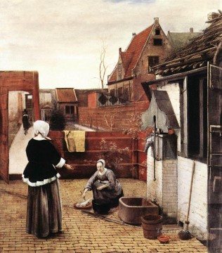 Woman and Maid in a Courtyard genre Pieter de Hooch Oil Paintings